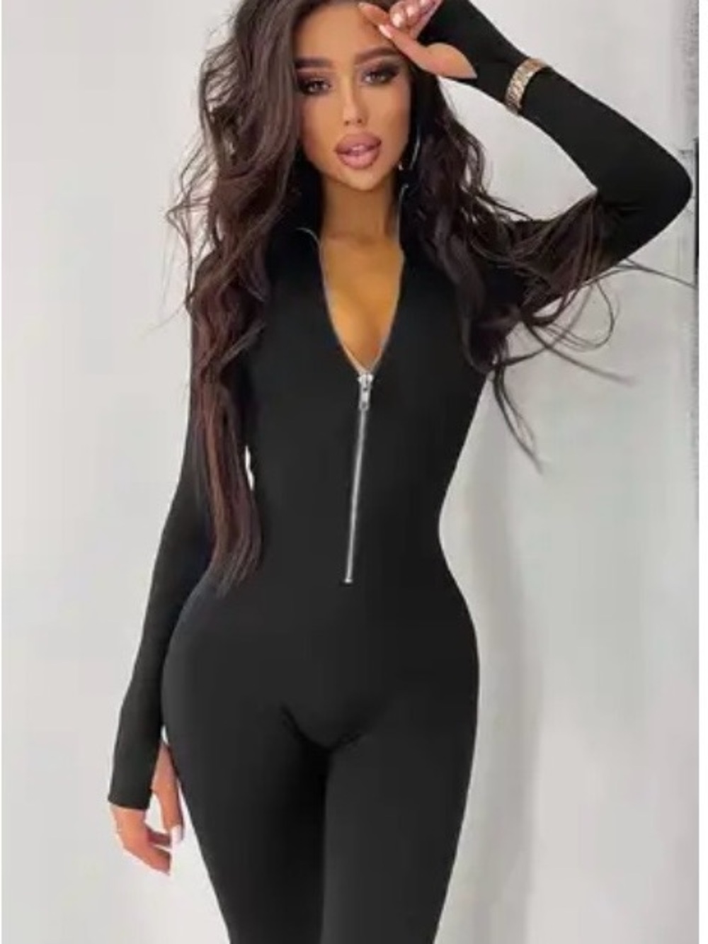 Women’s Black Long-Sleeve Zip-Front Bodysuit